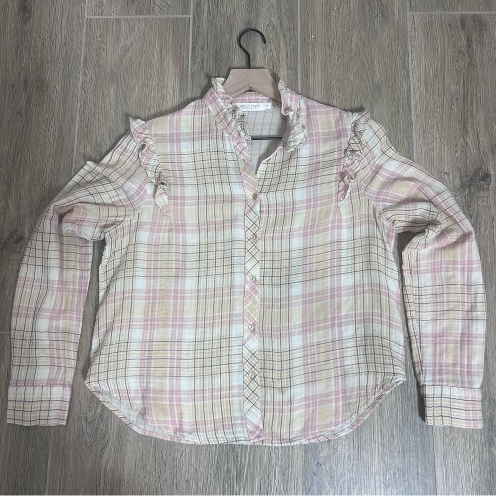 Christy Dawn Plaid Flannel Blouse Top Shirt Cottagecore Ruffle Button Western - Picture 8 of 16